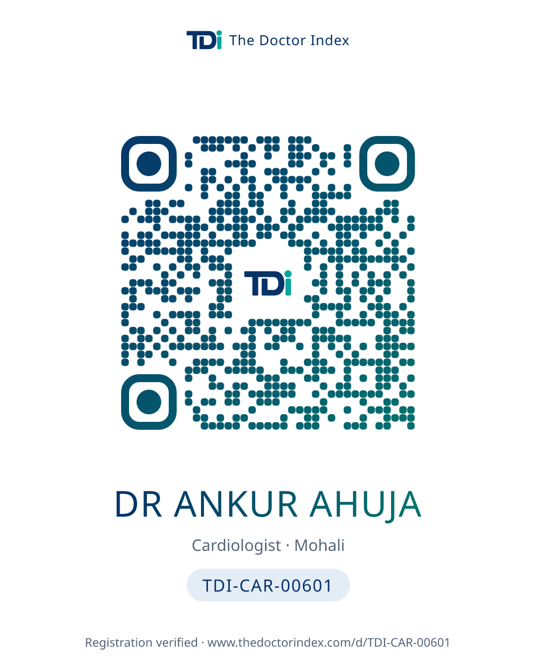 QR card for Dr Ankur Ahuja, TDI-CAR-00601