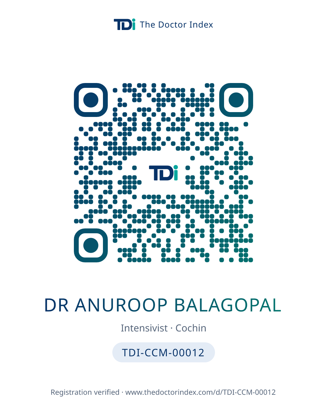 QR card for Dr Anuroop Balagopal, TDI-CCM-00012