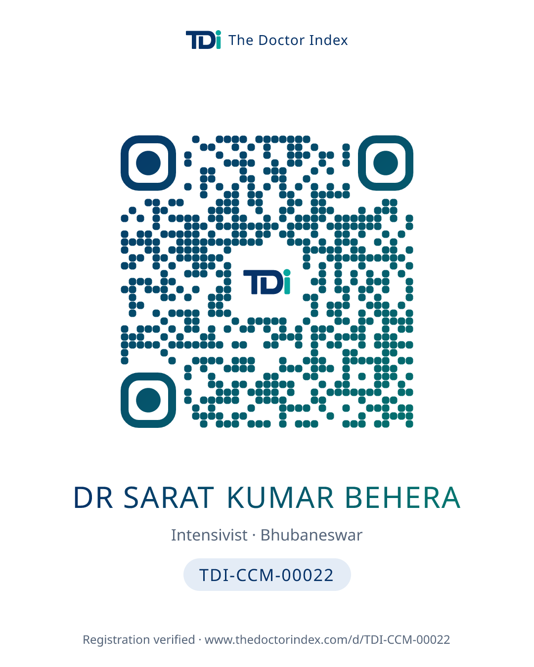 QR card for Dr Sarat Kumar Behera, TDI-CCM-00022