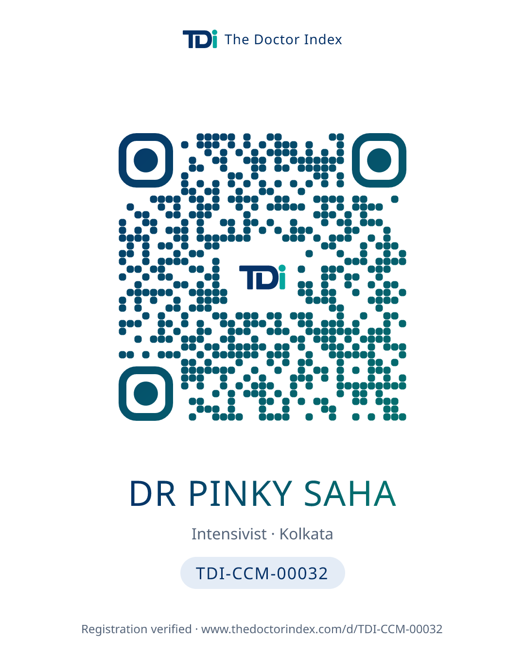 QR card for Dr Pinky Saha, TDI-CCM-00032