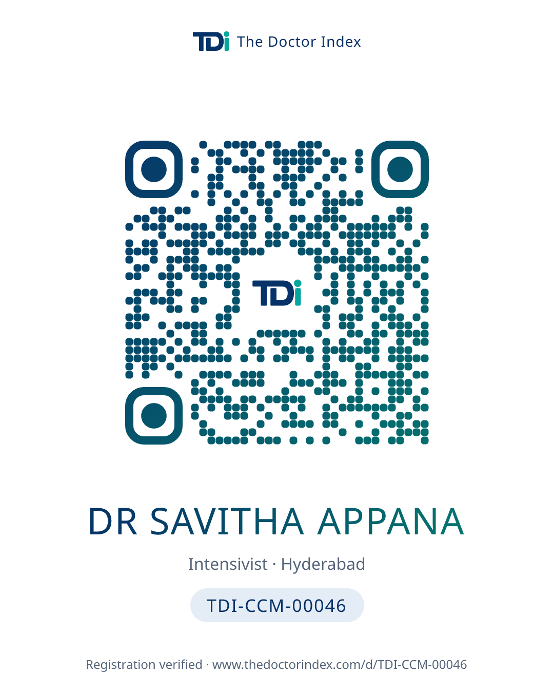 QR card for Dr Savitha Appana, TDI-CCM-00046
