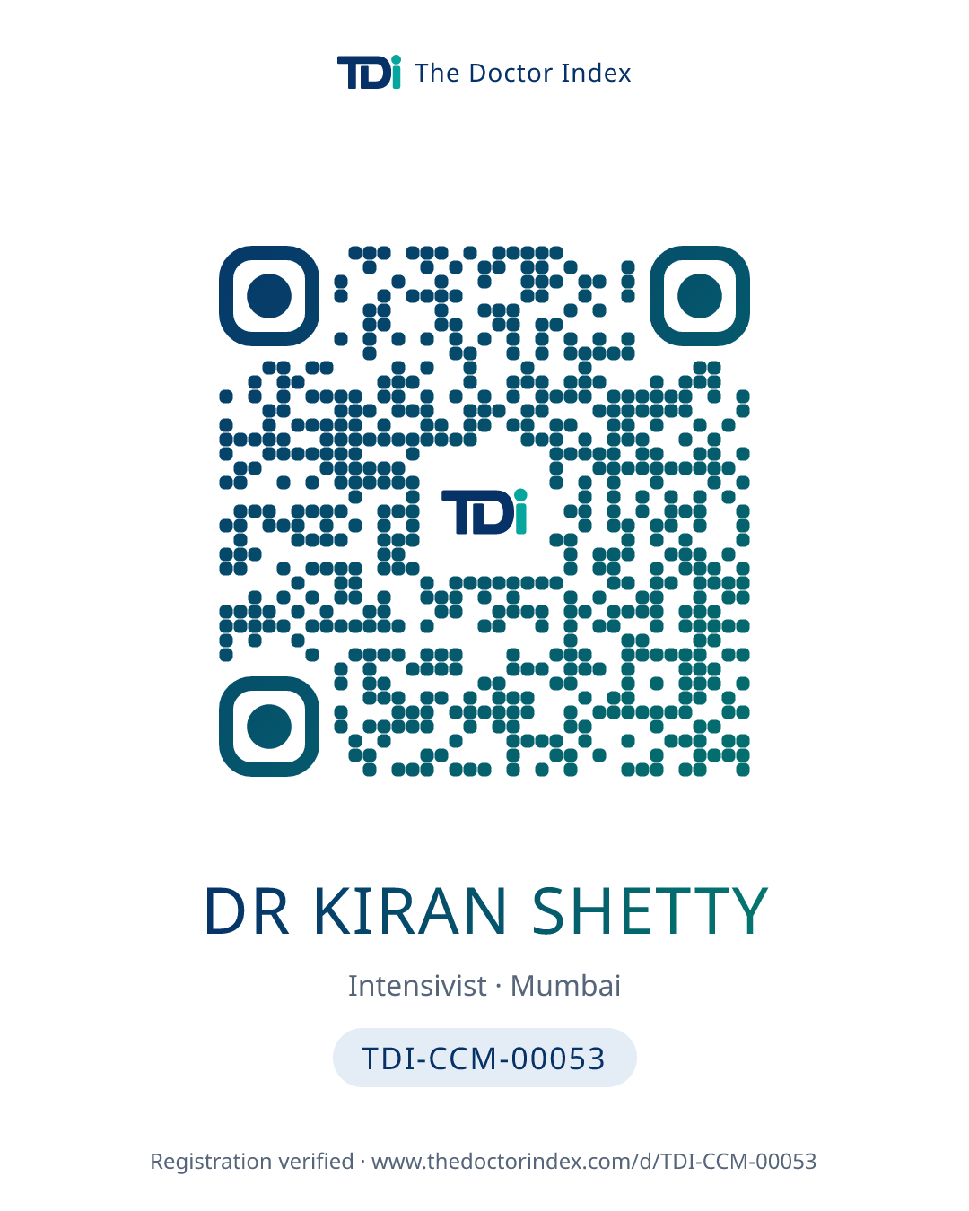 QR card for Dr Kiran Shetty, TDI-CCM-00053