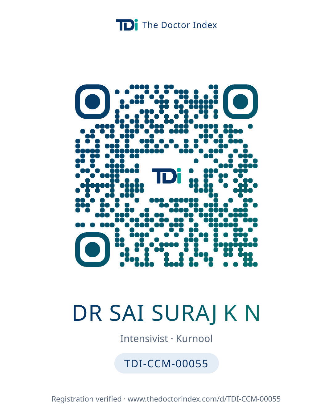 QR card for Dr Sai Suraj K N, TDI-CCM-00055