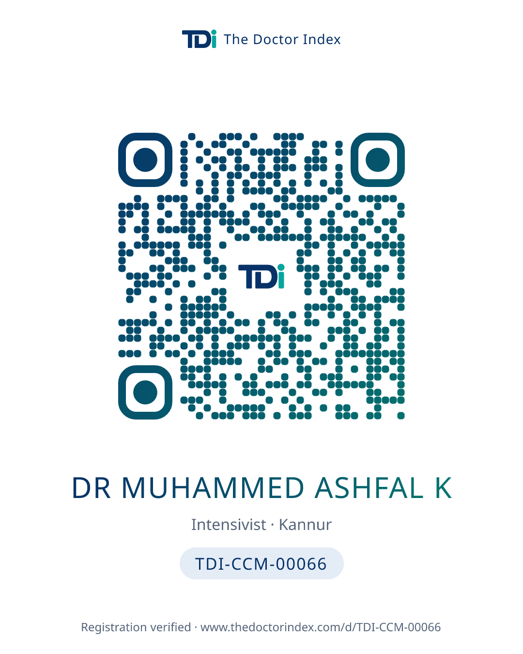 QR card for Dr Muhammed Ashfal K, TDI-CCM-00066