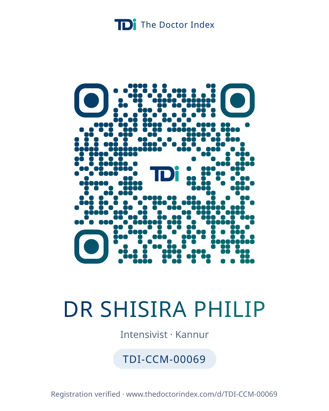 QR card for Dr Shisira Philip, TDI-CCM-00069