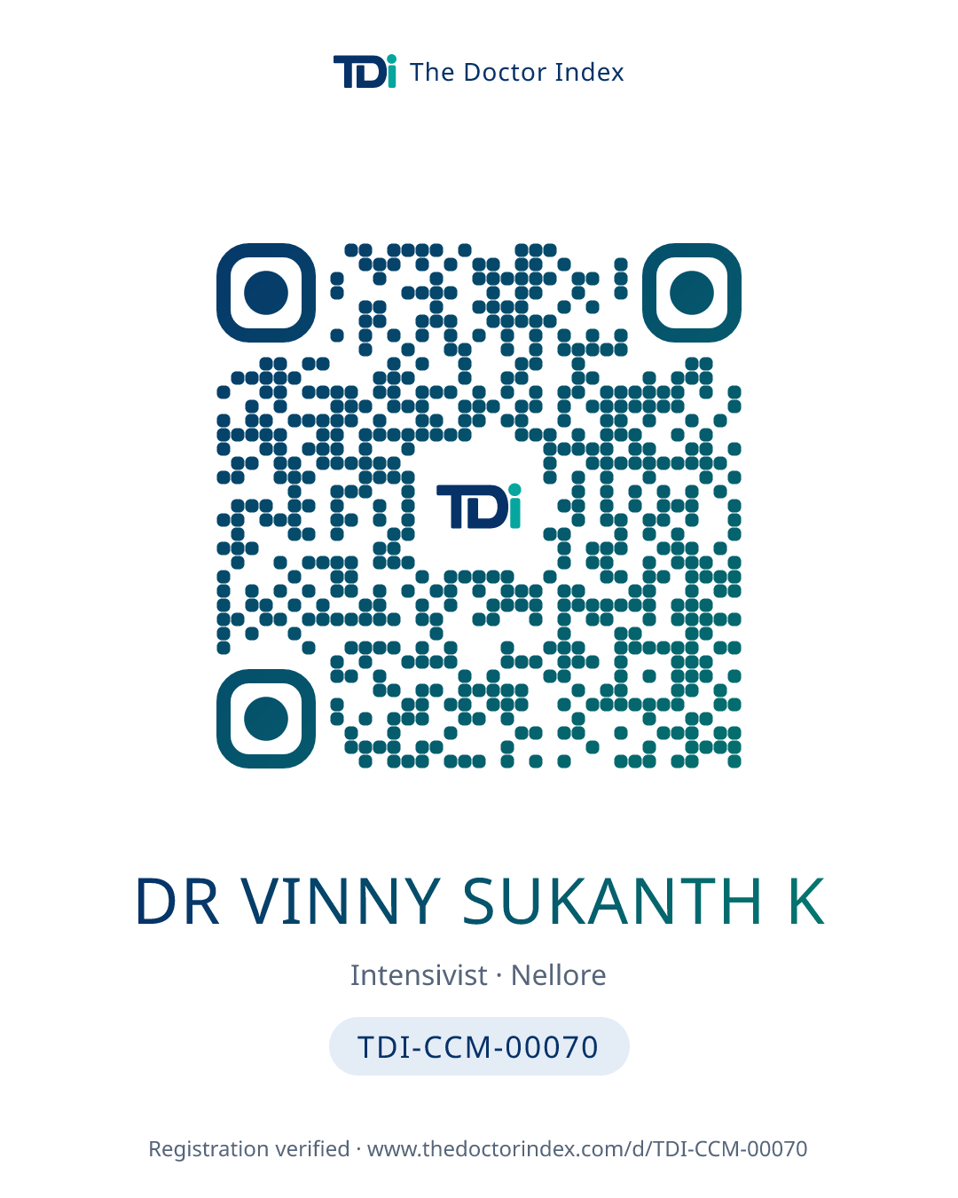 QR card for Dr Vinny Sukanth K, TDI-CCM-00070