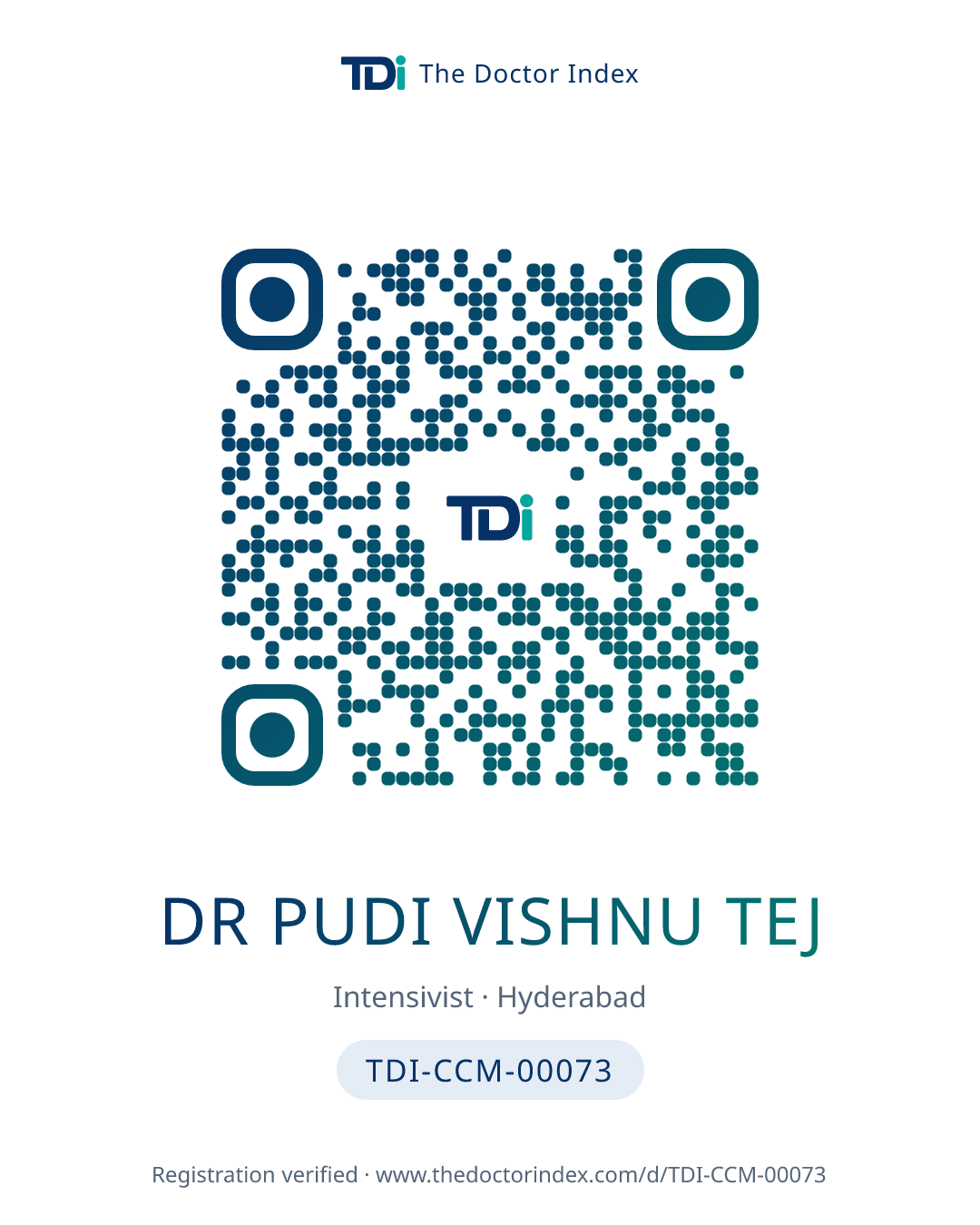 QR card for Dr Pudi Vishnu Tej, TDI-CCM-00073