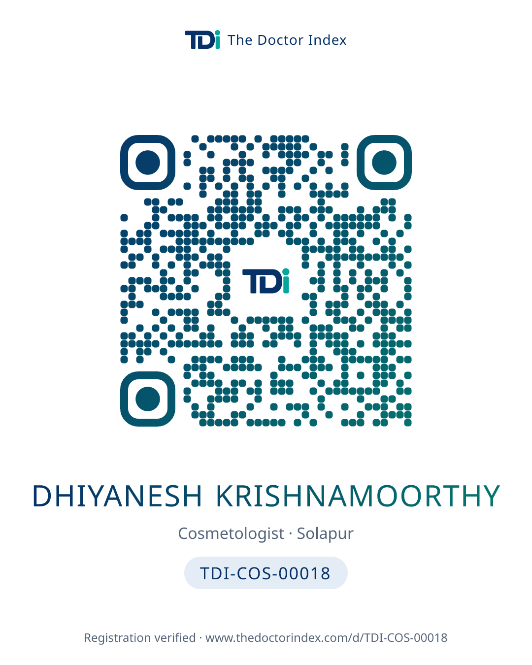 QR card for Dhiyanesh Krishnamoorthy, TDI-COS-00018
