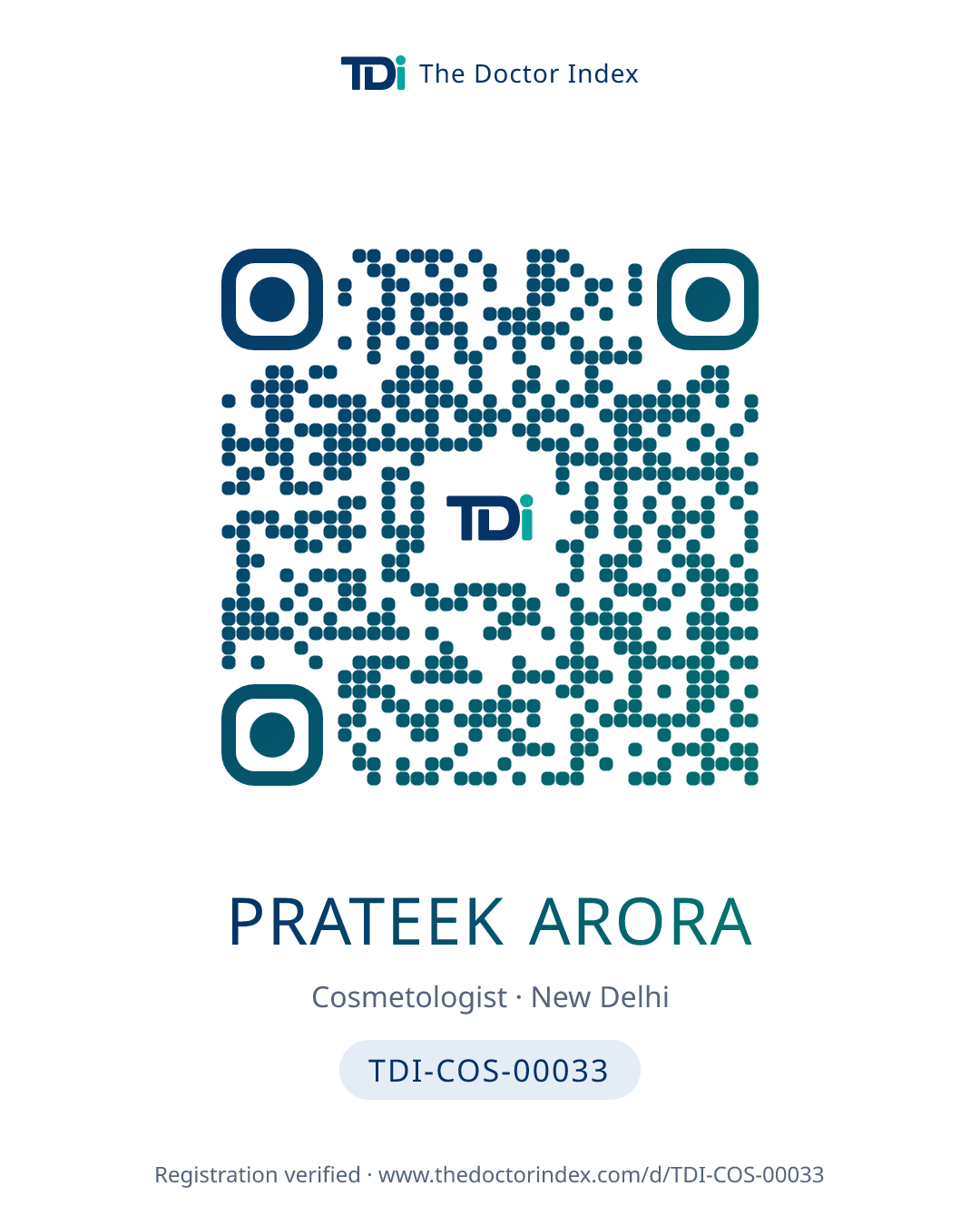 QR card for Prateek Arora, TDI-COS-00033