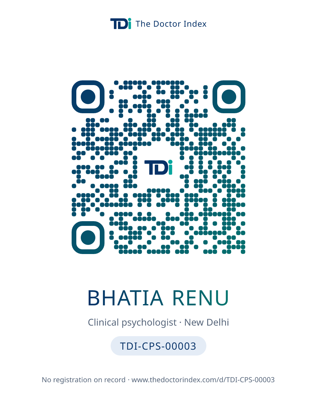 QR card for Bhatia Renu, TDI-CPS-00003