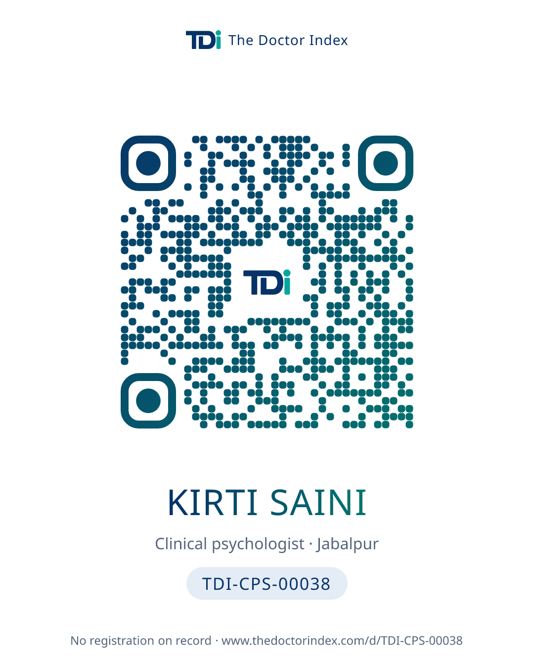 QR card for Kirti Saini, TDI-CPS-00038