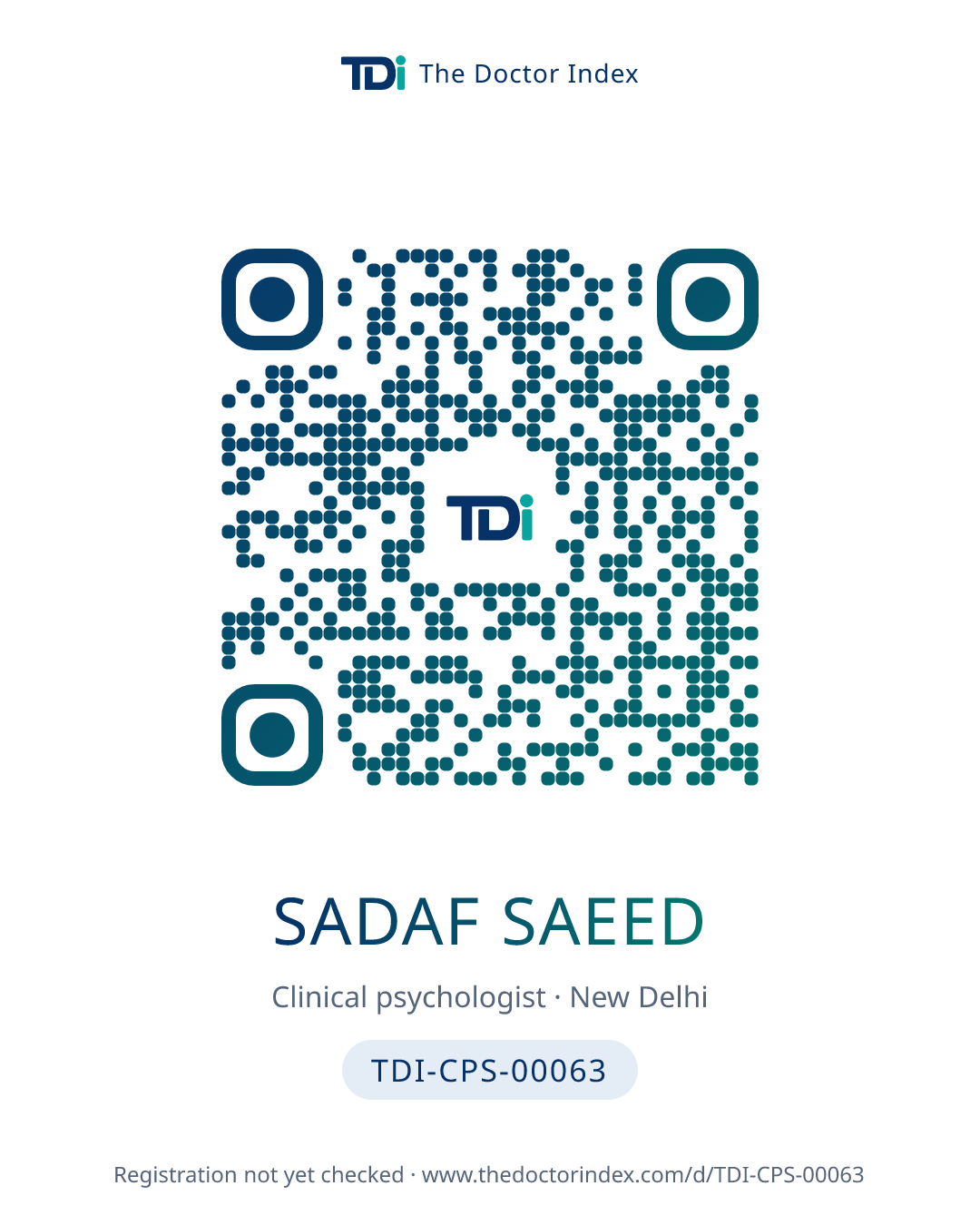 QR card for Sadaf Saeed, TDI-CPS-00063