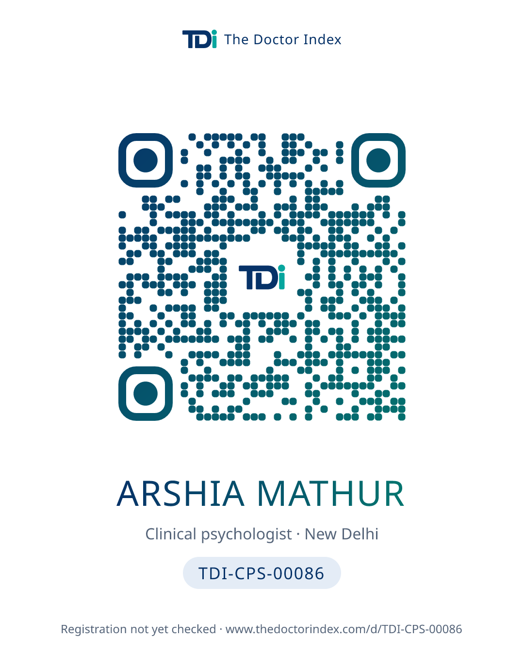 QR card for Arshia Mathur, TDI-CPS-00086