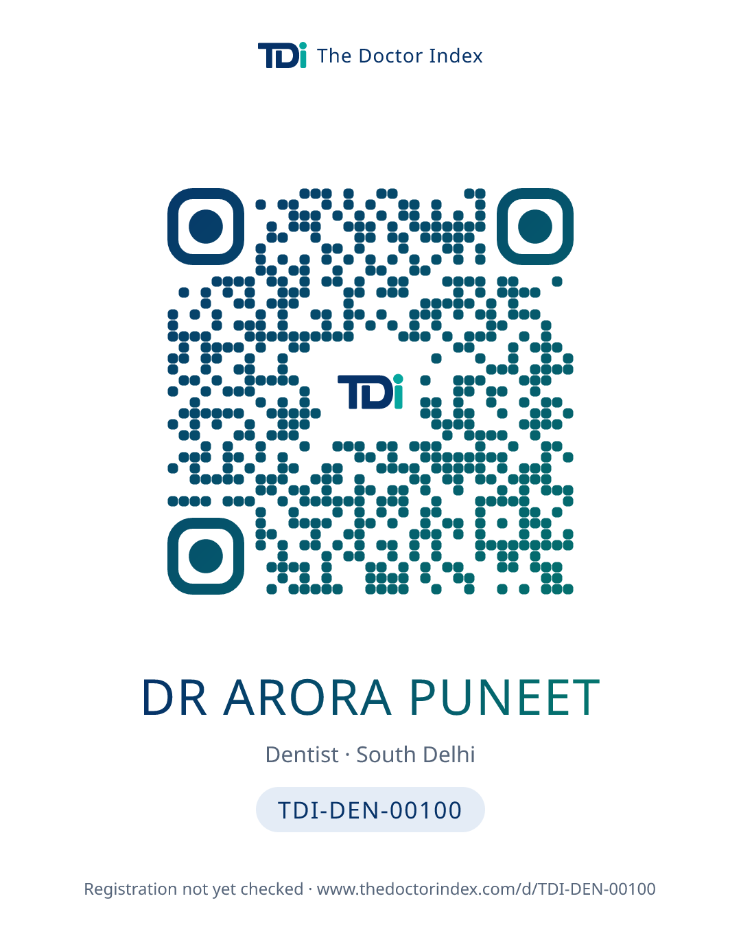 QR card for Dr Arora Puneet, TDI-DEN-00100