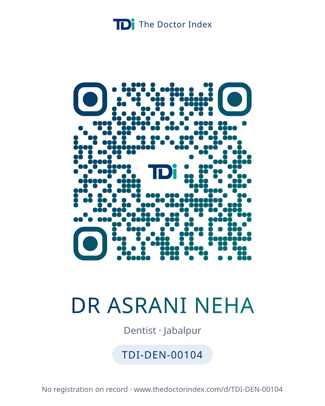 QR card for Dr Asrani Neha, TDI-DEN-00104
