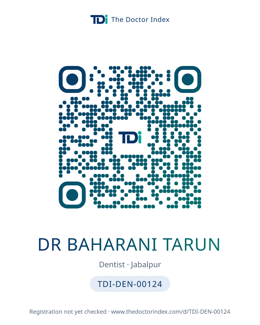 QR card for Dr Baharani Tarun, TDI-DEN-00124