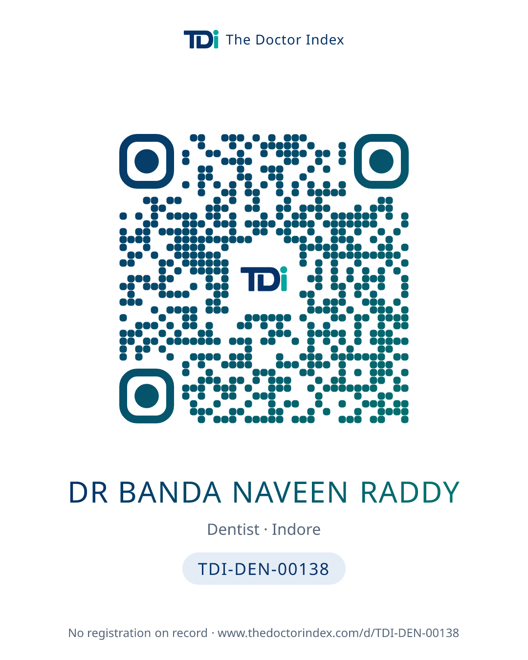 QR card for Dr Banda Naveen Raddy, TDI-DEN-00138