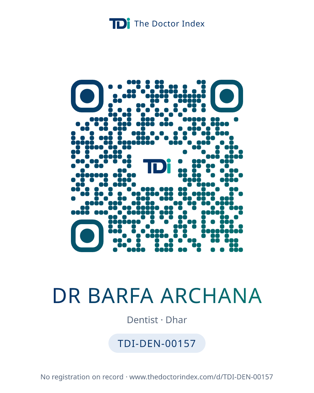 QR card for Dr Barfa Archana, TDI-DEN-00157