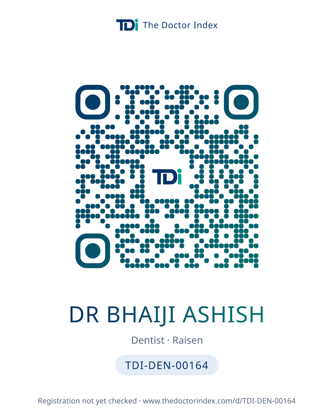 QR card for Dr Bhaiji Ashish, TDI-DEN-00164