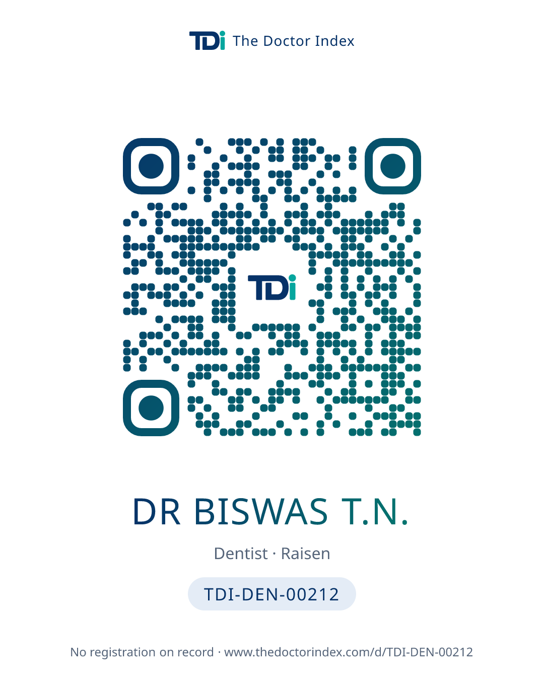 QR card for Dr Biswas T.N., TDI-DEN-00212