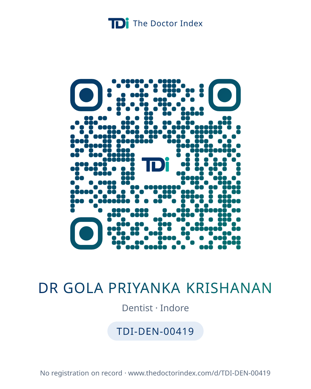 QR card for Dr Gola Priyanka Krishanan, TDI-DEN-00419