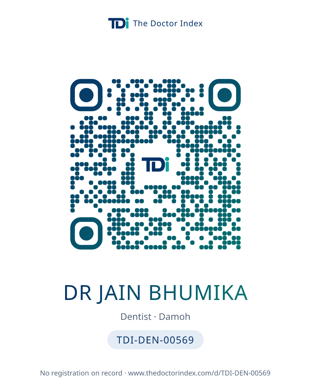 QR card for Dr Jain Bhumika, TDI-DEN-00569