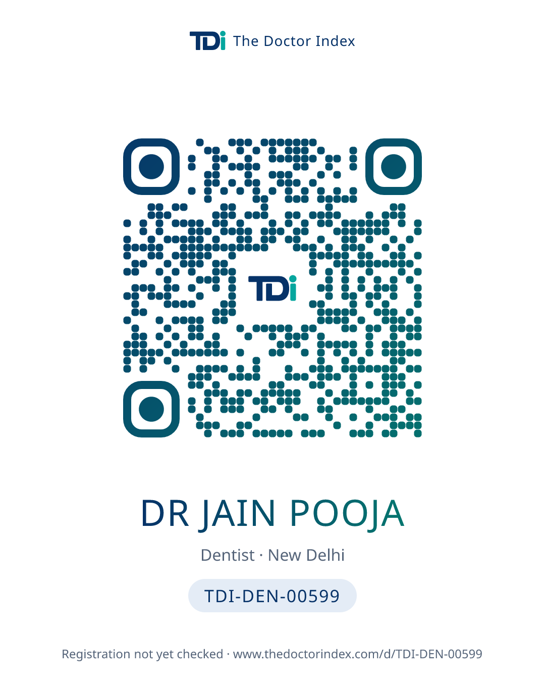 QR card for Dr Jain Pooja, TDI-DEN-00599