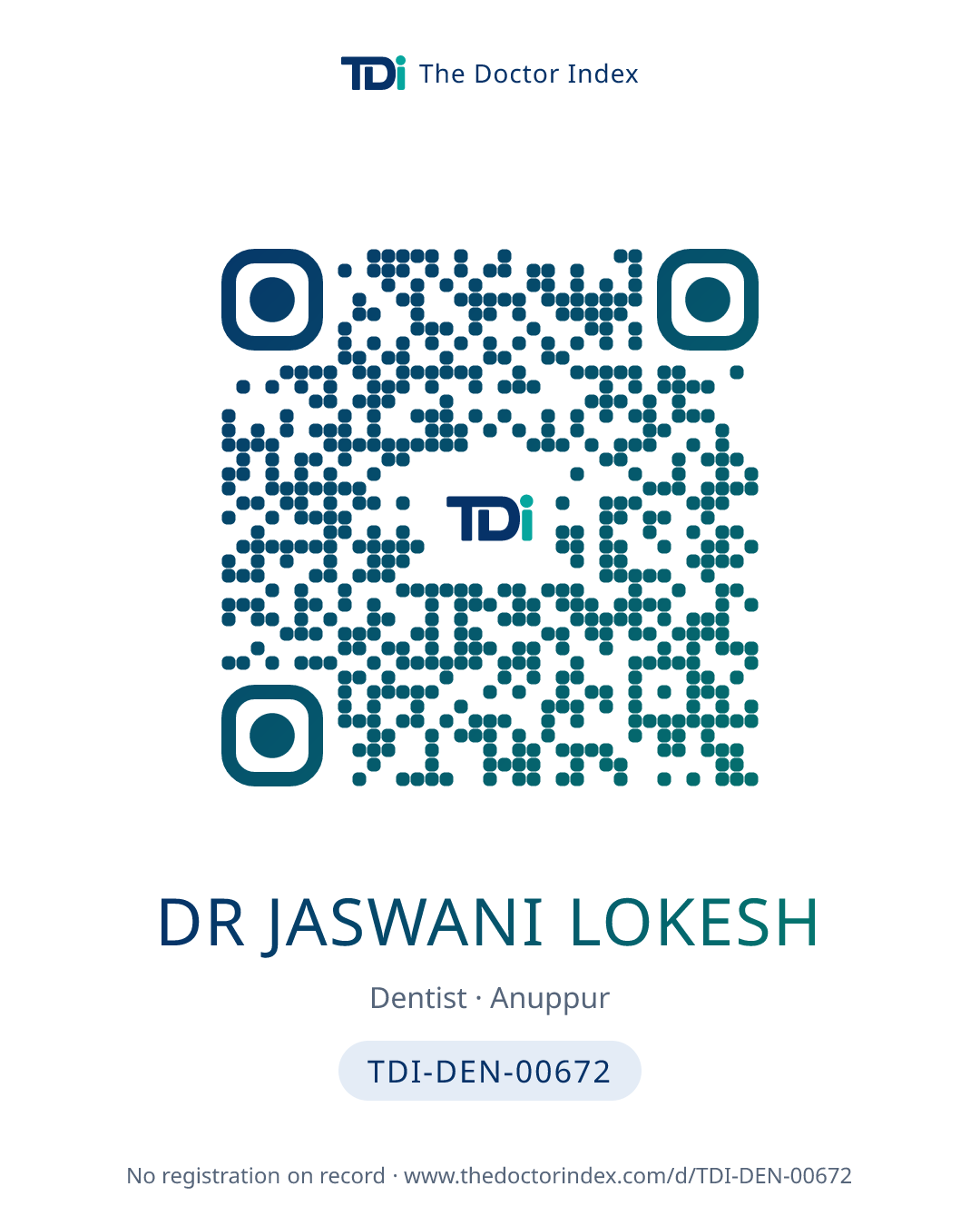 QR card for Dr Jaswani Lokesh, TDI-DEN-00672