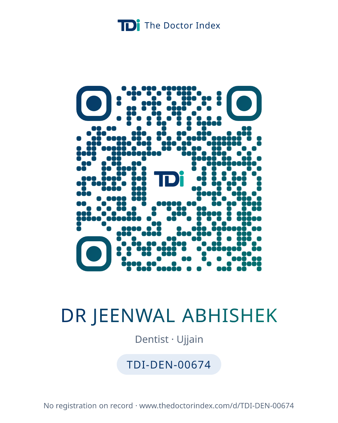 QR card for Dr Jeenwal Abhishek, TDI-DEN-00674