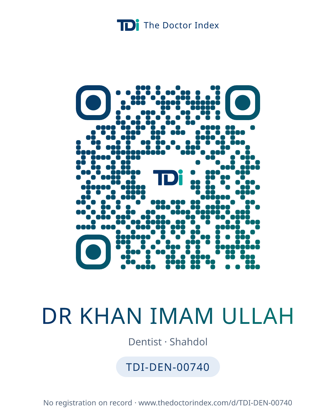 QR card for Dr Khan Imam Ullah, TDI-DEN-00740