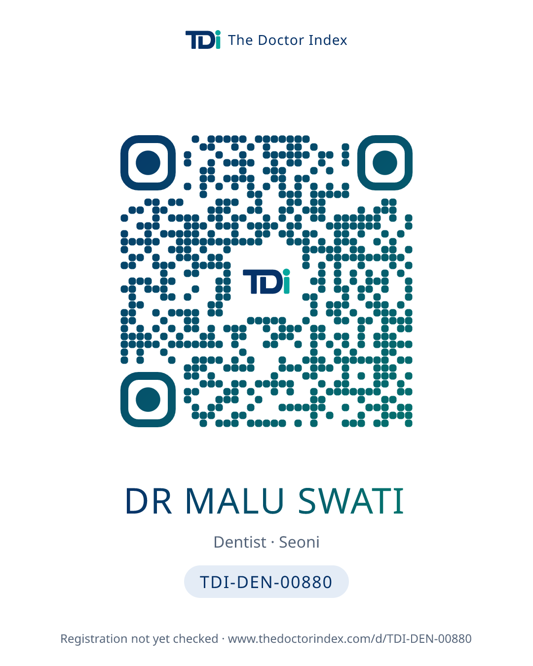 QR card for Dr Malu Swati, TDI-DEN-00880