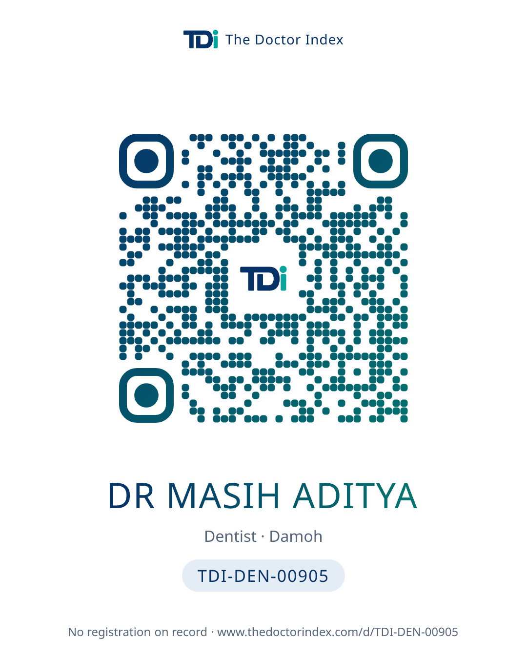 QR card for Dr Masih Aditya, TDI-DEN-00905