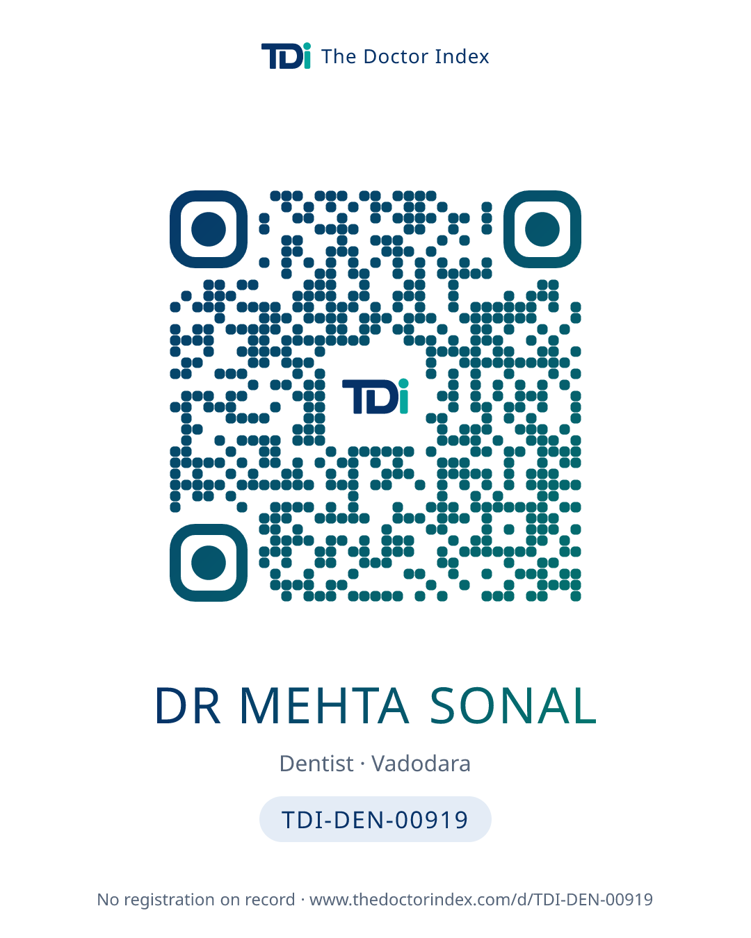 QR card for Dr Mehta Sonal, TDI-DEN-00919
