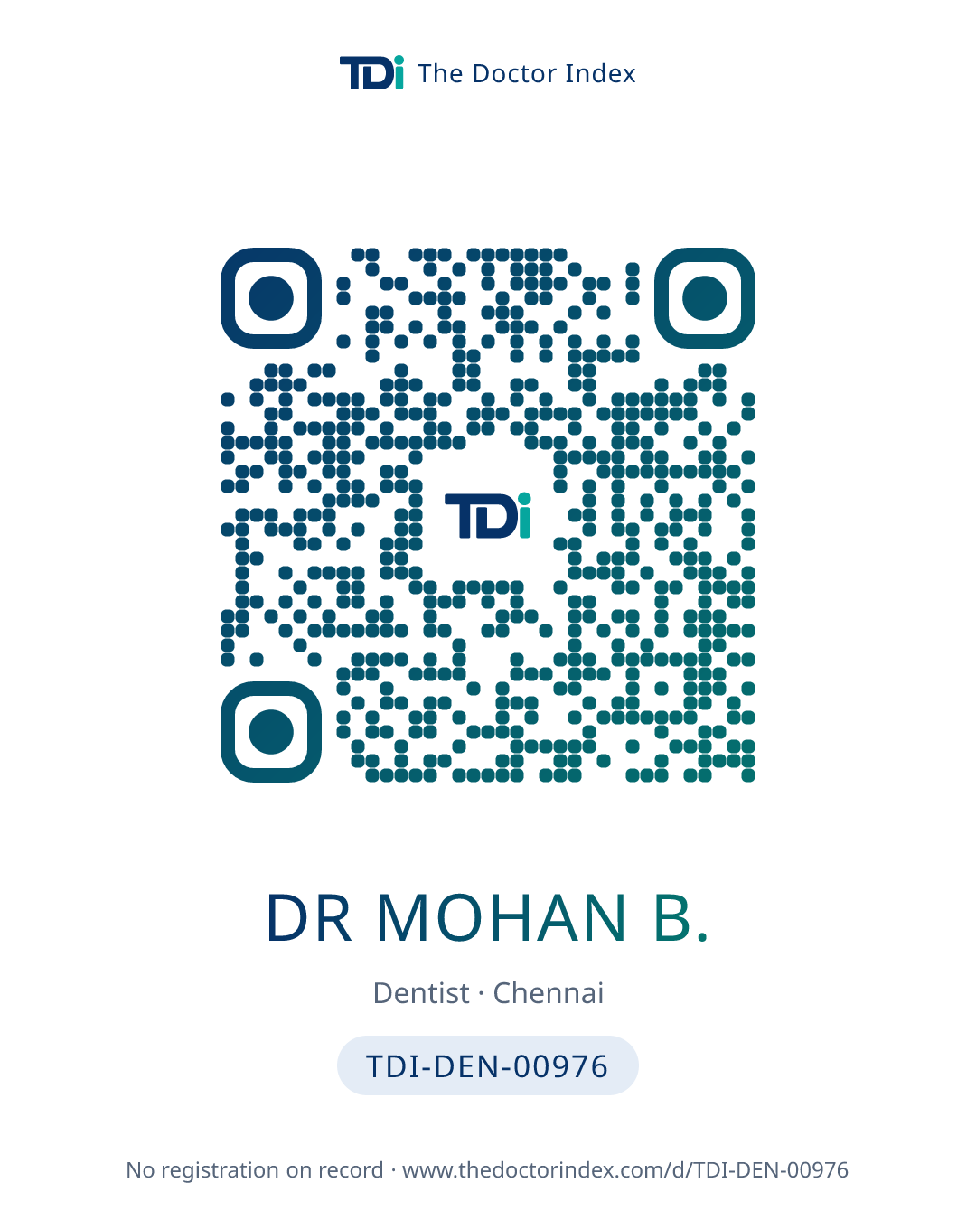QR card for Dr Mohan B., TDI-DEN-00976