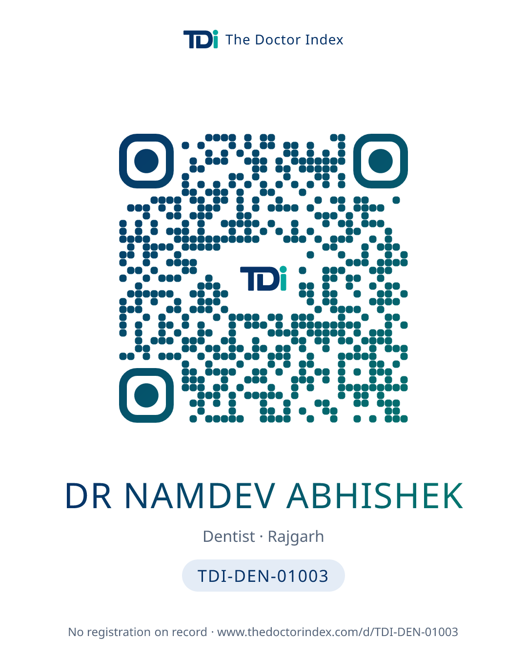 QR card for Dr Namdev Abhishek, TDI-DEN-01003