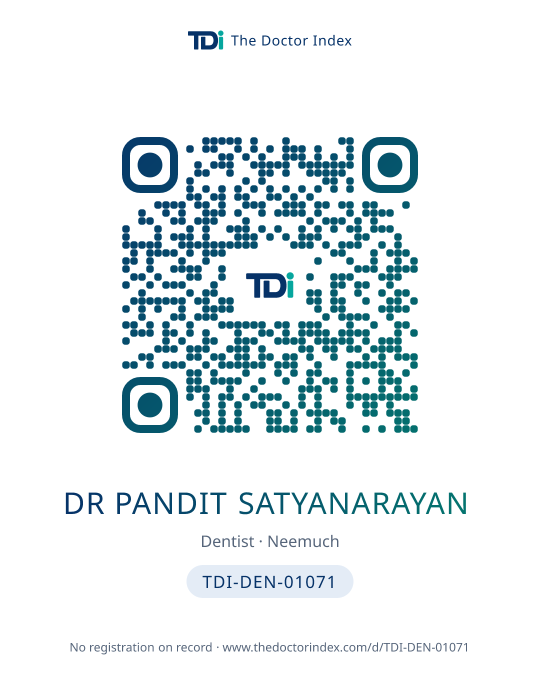 QR card for Dr Pandit Satyanarayan, TDI-DEN-01071
