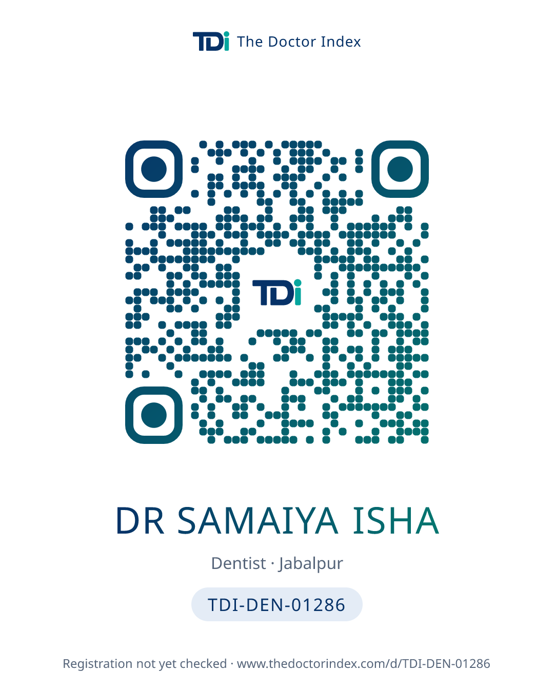 QR card for Dr Samaiya Isha, TDI-DEN-01286
