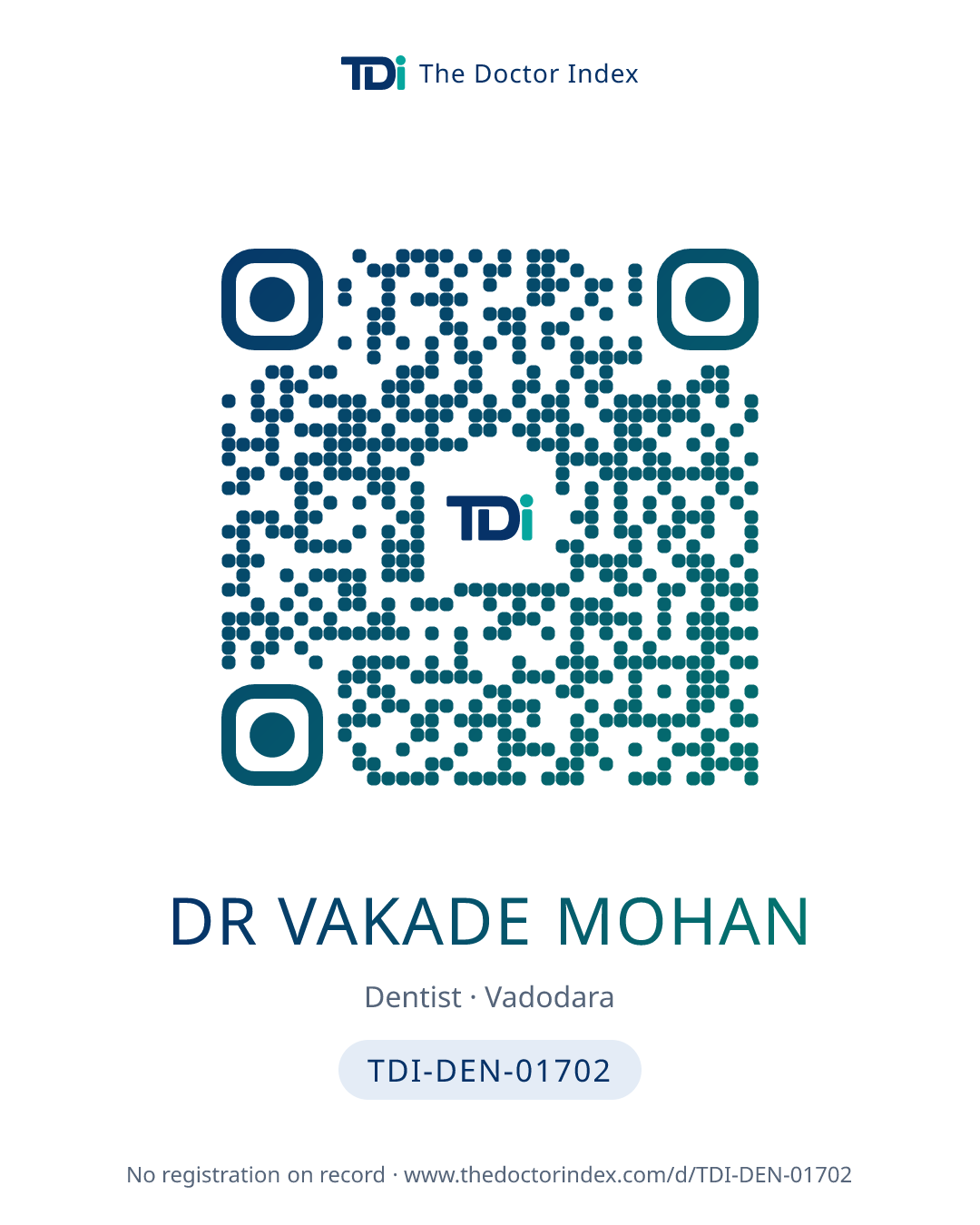QR card for Dr Vakade Mohan, TDI-DEN-01702
