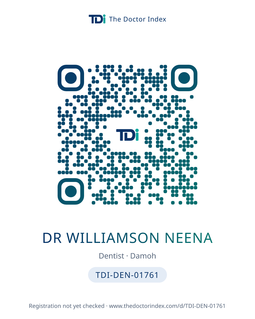 QR card for Dr Williamson Neena, TDI-DEN-01761