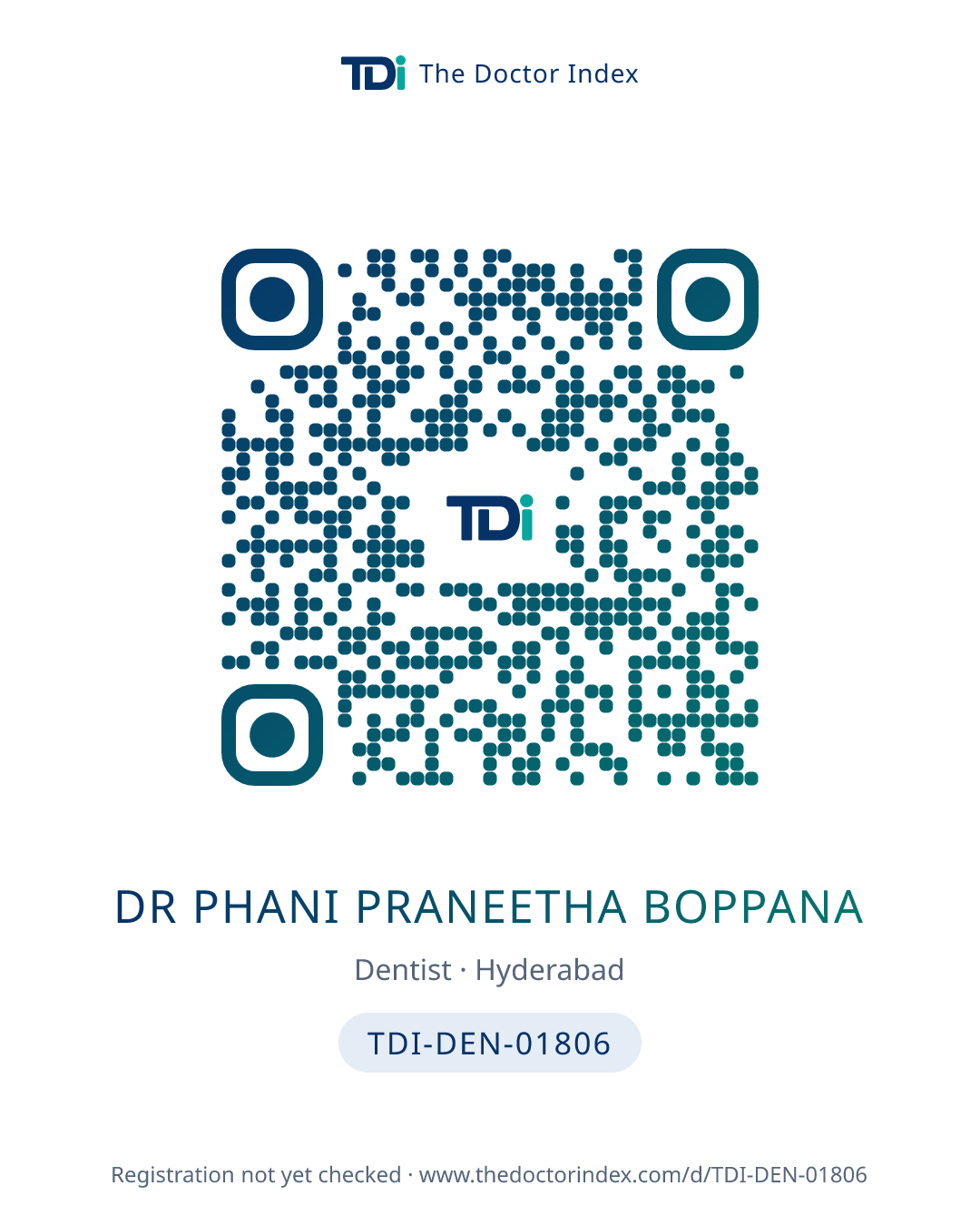 QR card for Dr Phani Praneetha Boppana, TDI-DEN-01806