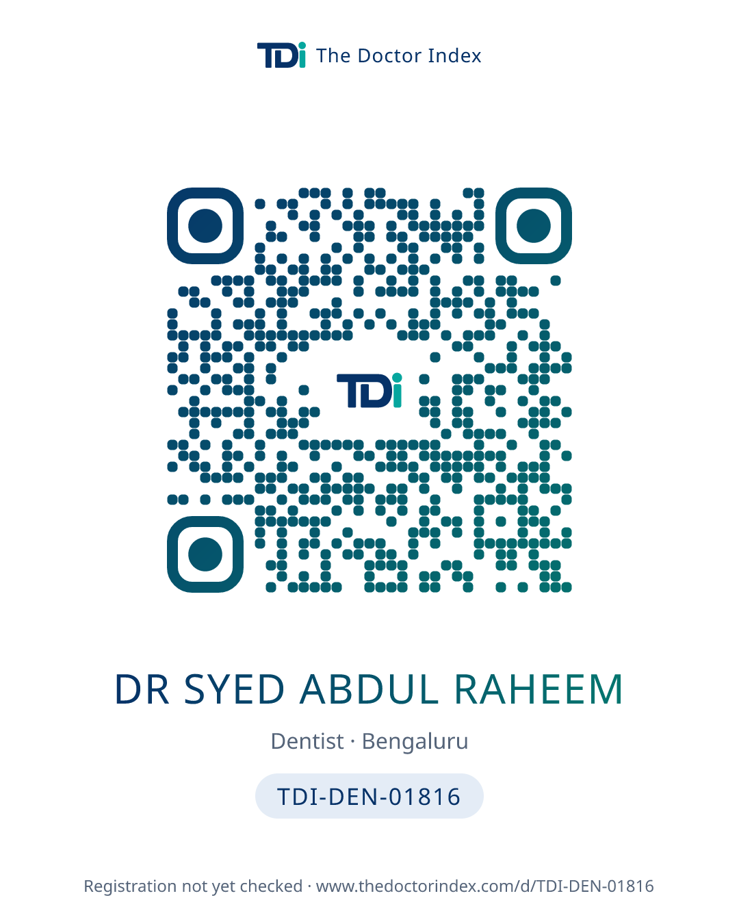 QR card for Dr Syed Abdul Raheem, TDI-DEN-01816