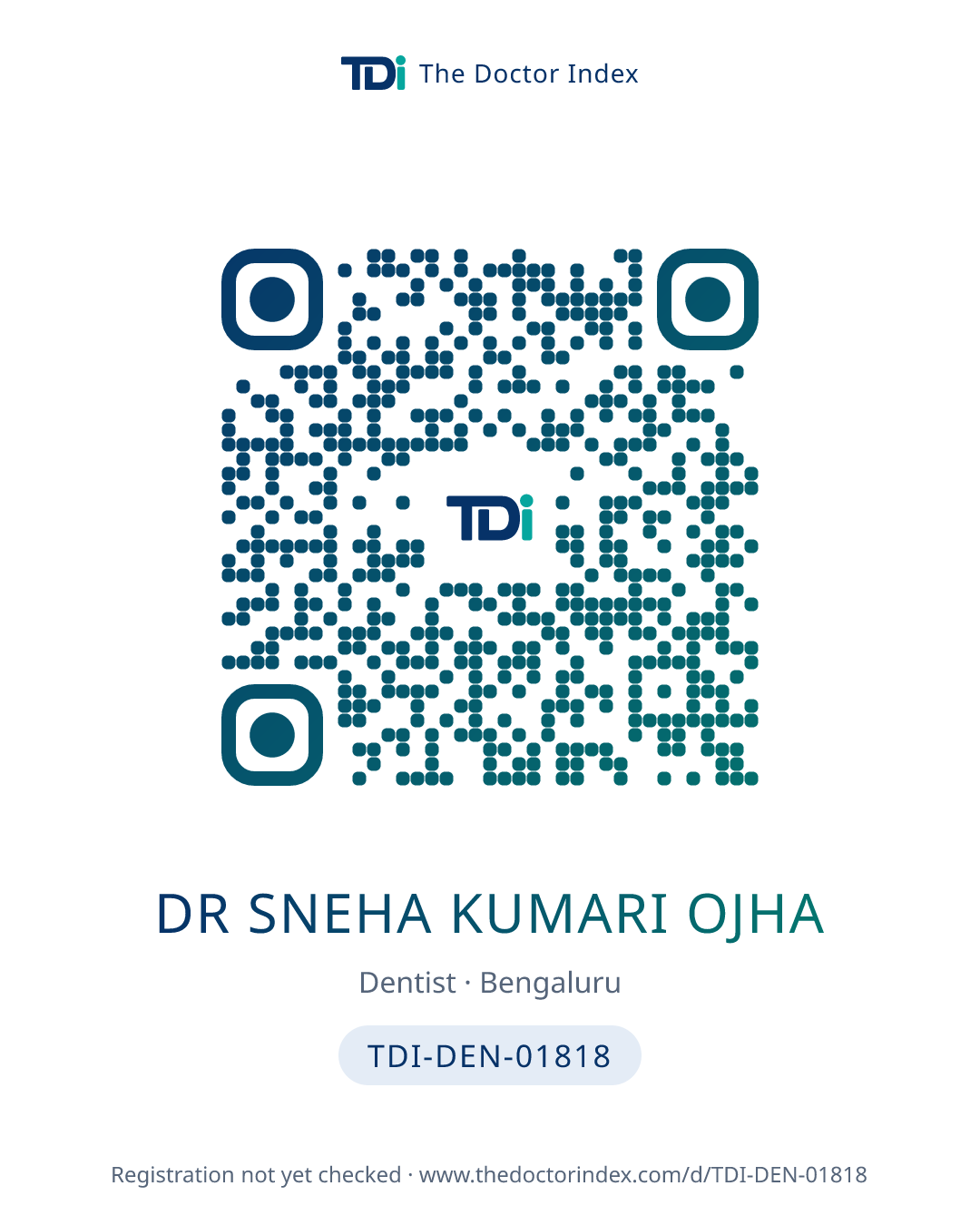 QR card for Dr Sneha Kumari Ojha, TDI-DEN-01818