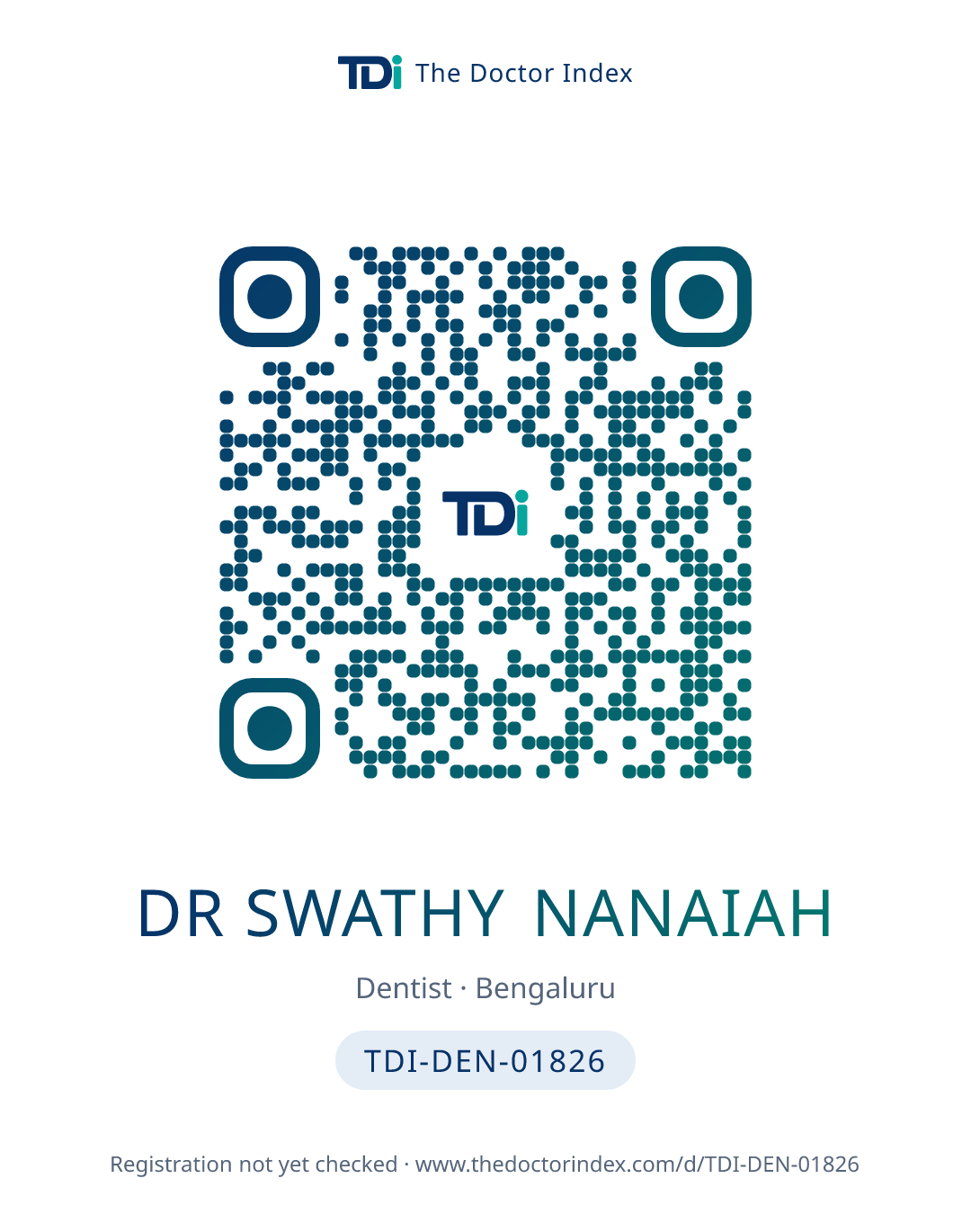 QR card for Dr Swathy Nanaiah, TDI-DEN-01826