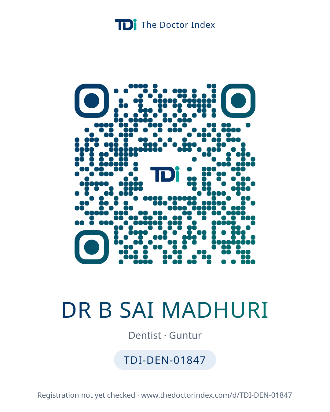 QR card for Dr B Sai Madhuri, TDI-DEN-01847
