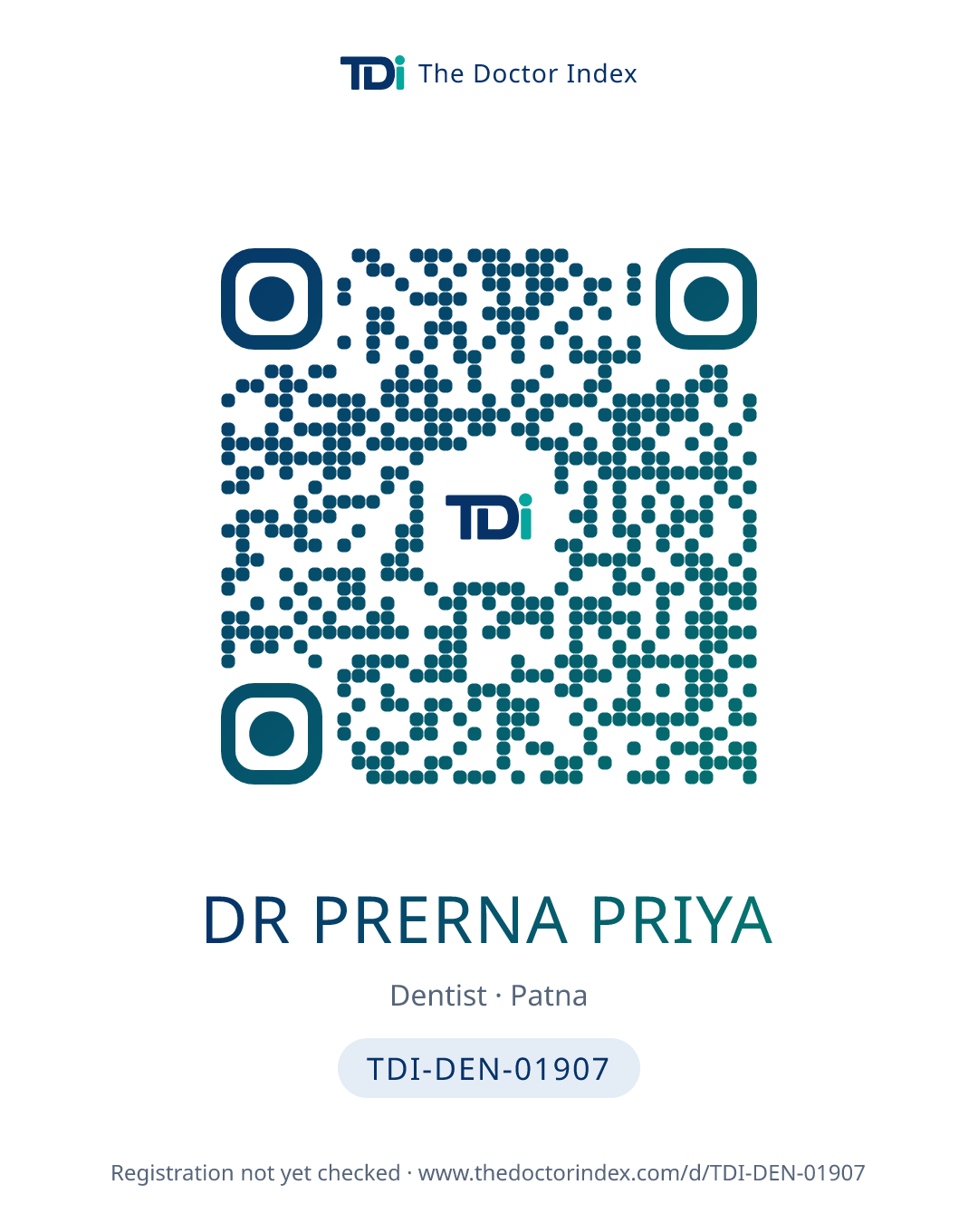 QR card for Dr Prerna Priya, TDI-DEN-01907