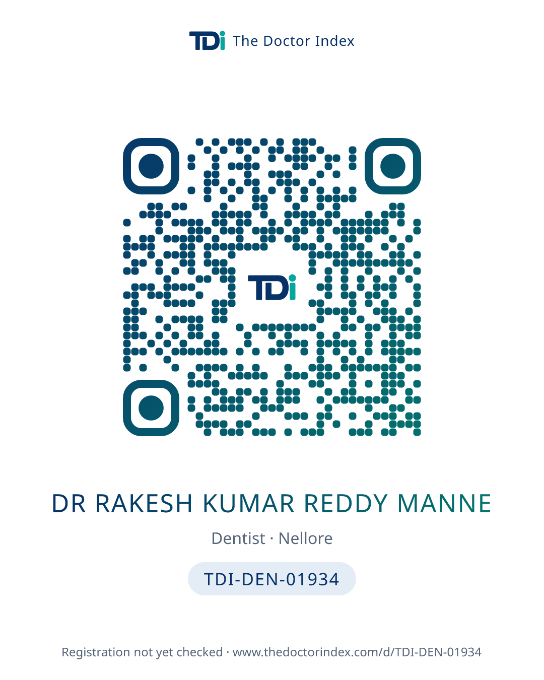 QR card for Dr Rakesh Kumar Reddy Manne, TDI-DEN-01934