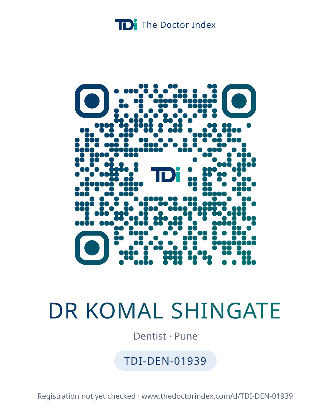 QR card for Dr Komal Shingate, TDI-DEN-01939