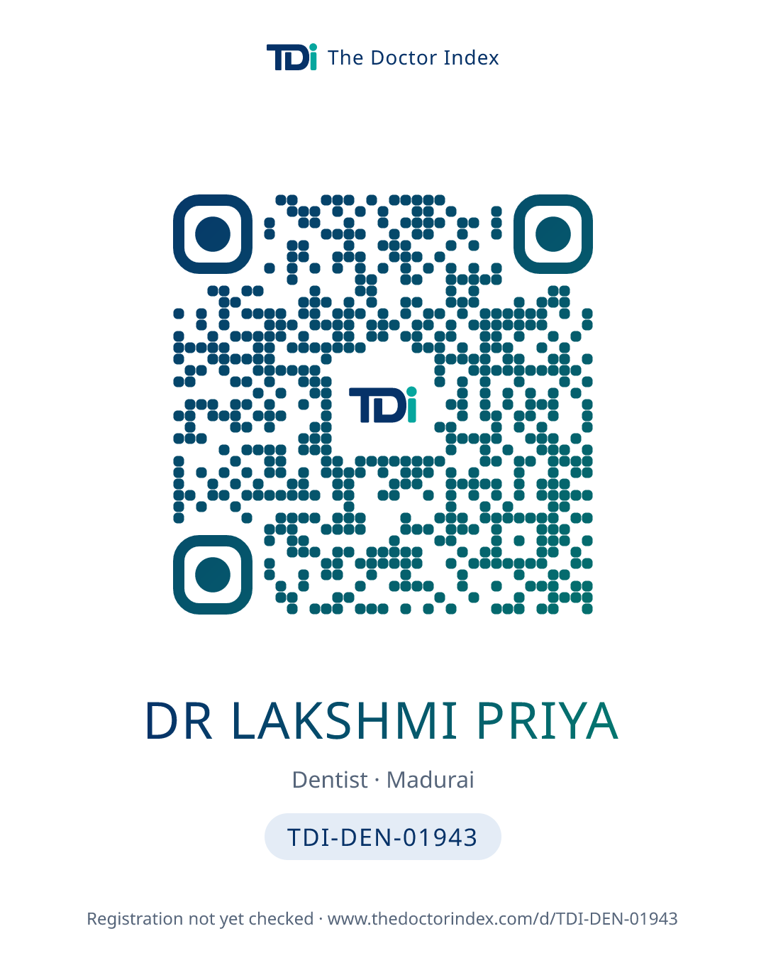 QR card for Dr Lakshmi Priya, TDI-DEN-01943