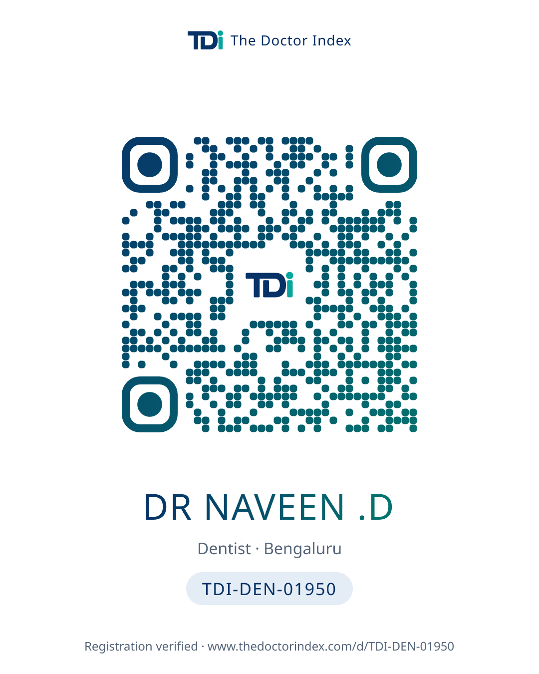 QR card for Dr naveen .d, TDI-DEN-01950