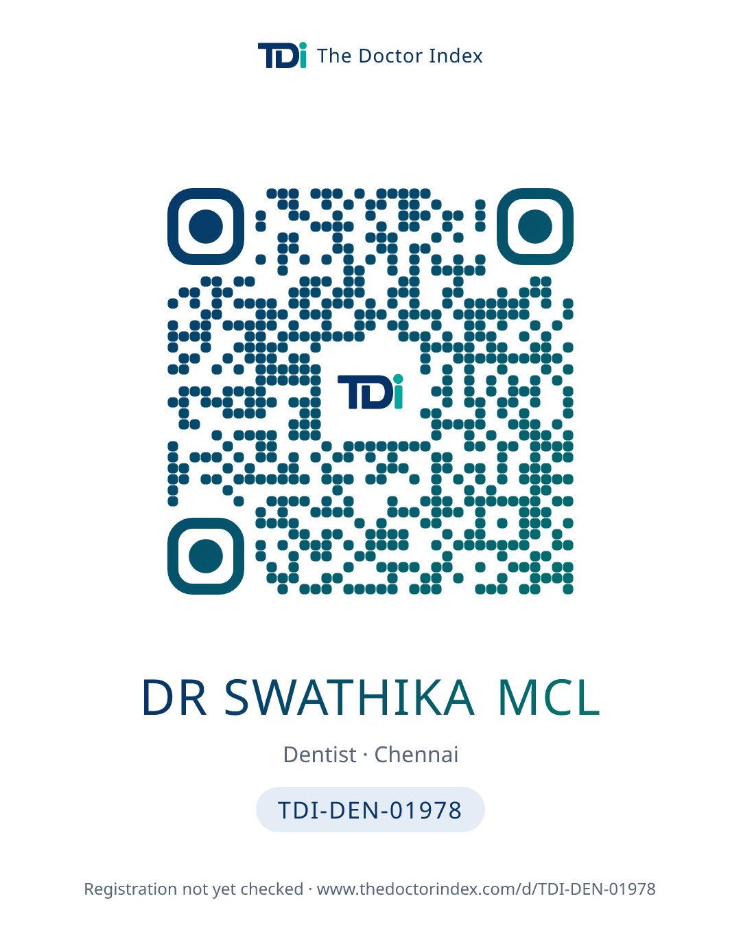 QR card for Dr Swathika Mcl, TDI-DEN-01978
